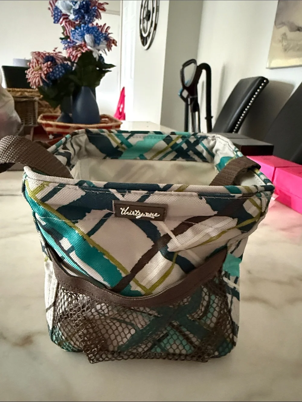 Patterned Canvas Tote Bag in Teal and Gray